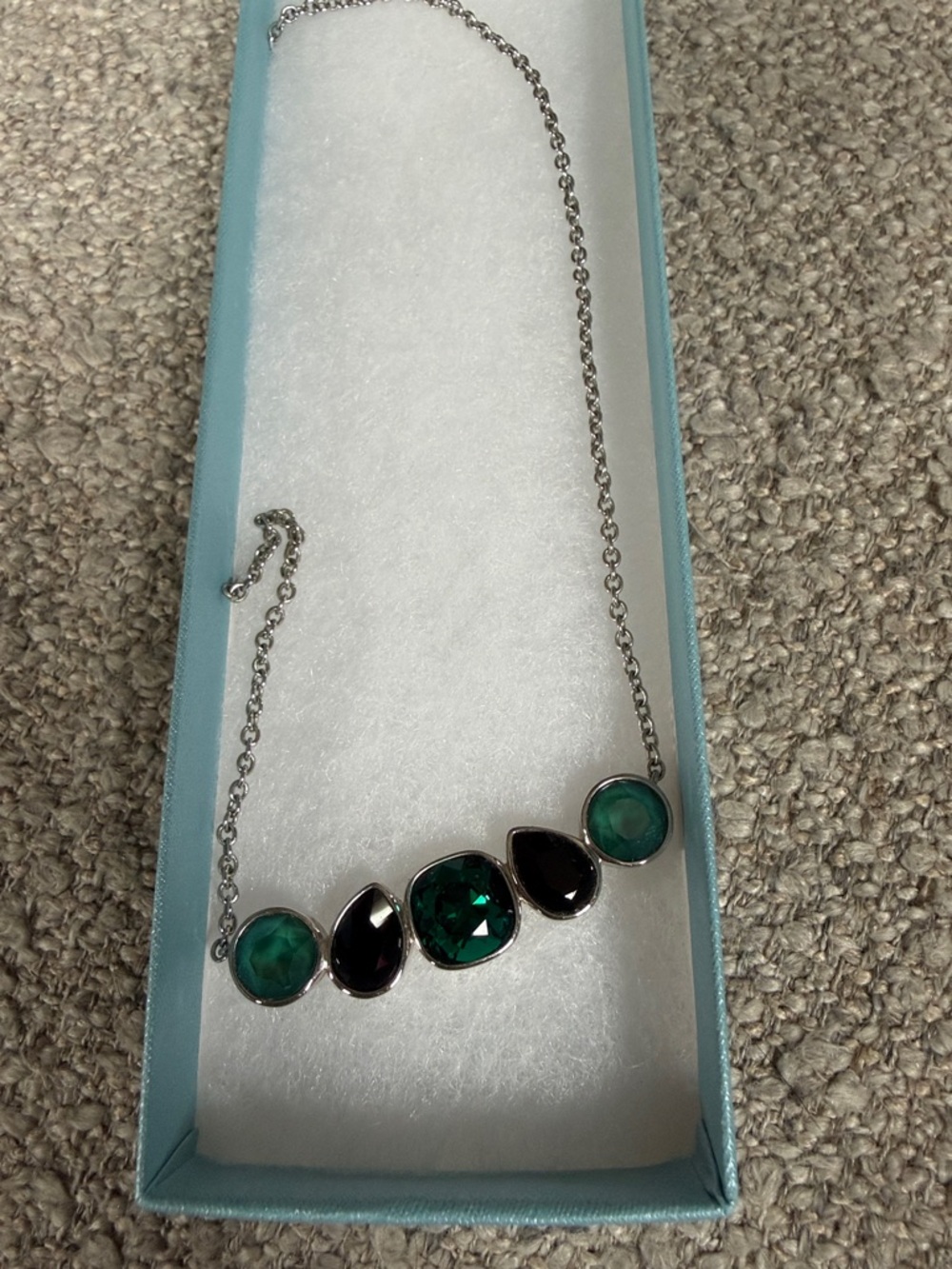 Touchstone Crystal Silver Necklace with Deep Emerald and Teal Crystals